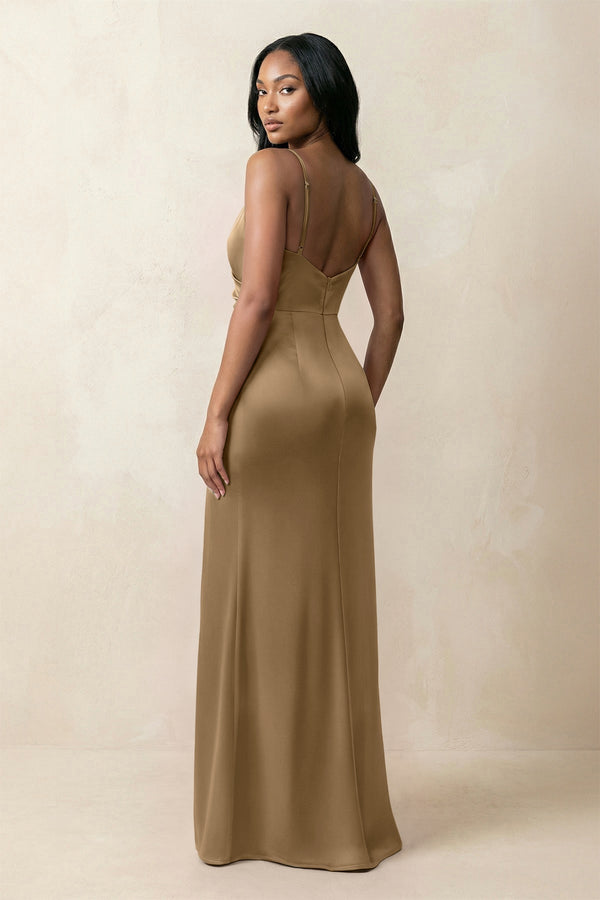 Spaghetti Strap Sheath Satin Ruched Bridesmaid Dress in Apple Cinnamon - KISS BRIDAL Bridesmaid Dresses