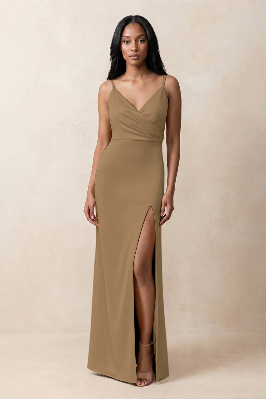 Spaghetti Strap Sheath Satin Ruched Bridesmaid Dress in Apple Cinnamon