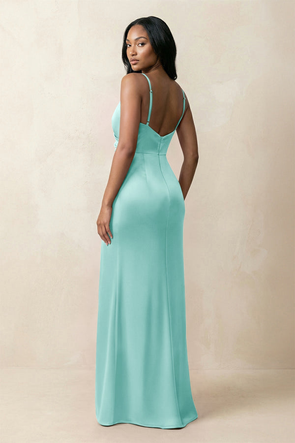Spaghetti Strap Sheath Satin Ruched Bridesmaid Dress in Aqua - KISS BRIDAL Bridesmaid Dresses