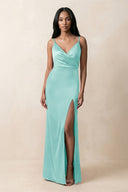 Spaghetti Strap Sheath Satin Ruched Bridesmaid Dress in Aqua - KISS BRIDAL Bridesmaid Dresses