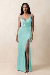 Spaghetti Strap Sheath Satin Ruched Bridesmaid Dress in Aqua - KISS BRIDAL Bridesmaid Dresses