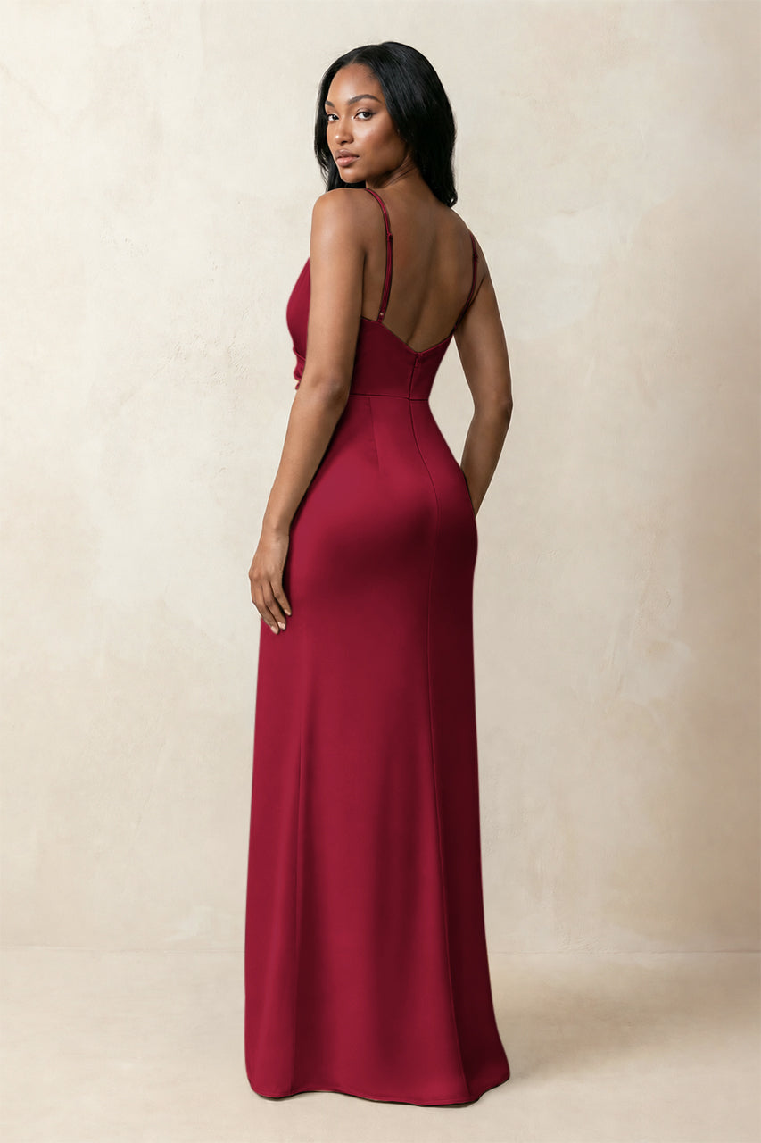 Spaghetti Strap Sheath Satin Ruched Bridesmaid Dress in Berry