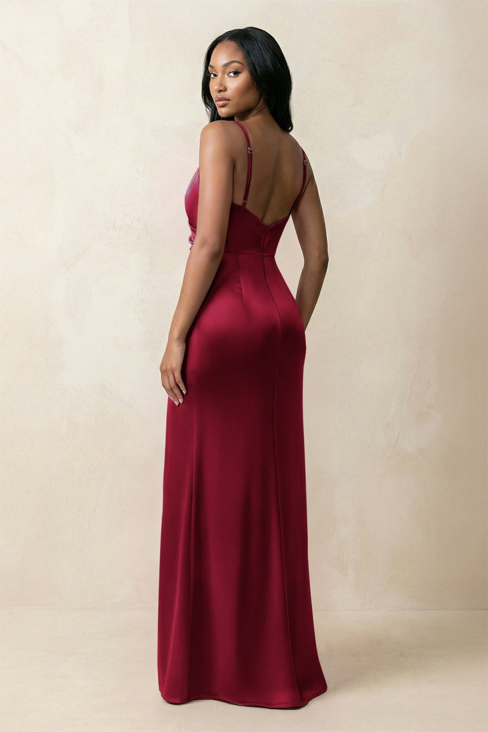 Spaghetti Strap Sheath Satin Ruched Bridesmaid Dress in Berry - KISS BRIDAL Bridesmaid Dresses