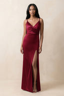 Spaghetti Strap Sheath Satin Ruched Bridesmaid Dress in Berry - KISS BRIDAL Bridesmaid Dresses