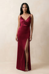 Spaghetti Strap Sheath Satin Ruched Bridesmaid Dress in Berry - KISS BRIDAL Bridesmaid Dresses