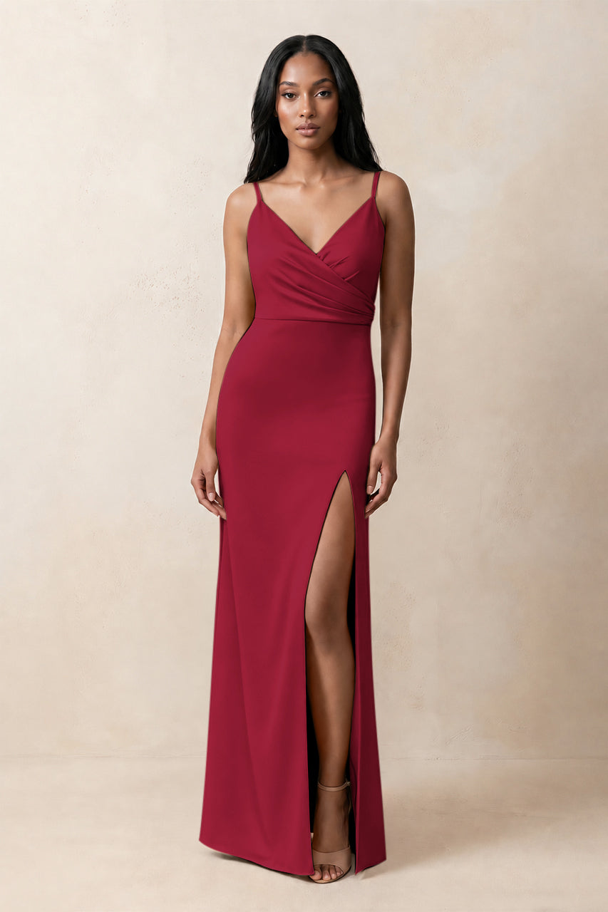 Spaghetti Strap Sheath Satin Ruched Bridesmaid Dress in Berry