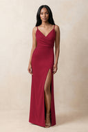 Spaghetti Strap Sheath Satin Ruched Bridesmaid Dress in Berry | KISSBRIDAL