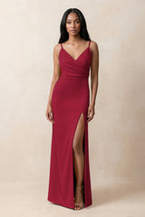 Spaghetti Strap Sheath Satin Ruched Bridesmaid Dress in Berry | KISSBRIDAL