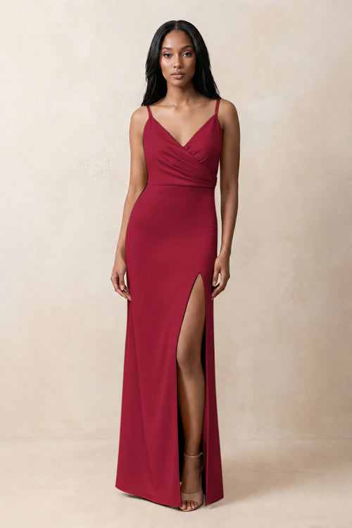 Spaghetti Strap Sheath Satin Ruched Bridesmaid Dress in Berry | KISSBRIDAL