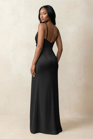 Spaghetti Strap Sheath Satin Ruched Bridesmaid Dress in Black (2) | KISSBRIDAL