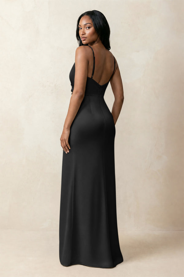 Spaghetti Strap Sheath Satin Ruched Bridesmaid Dress in Black (2) | KISSBRIDAL