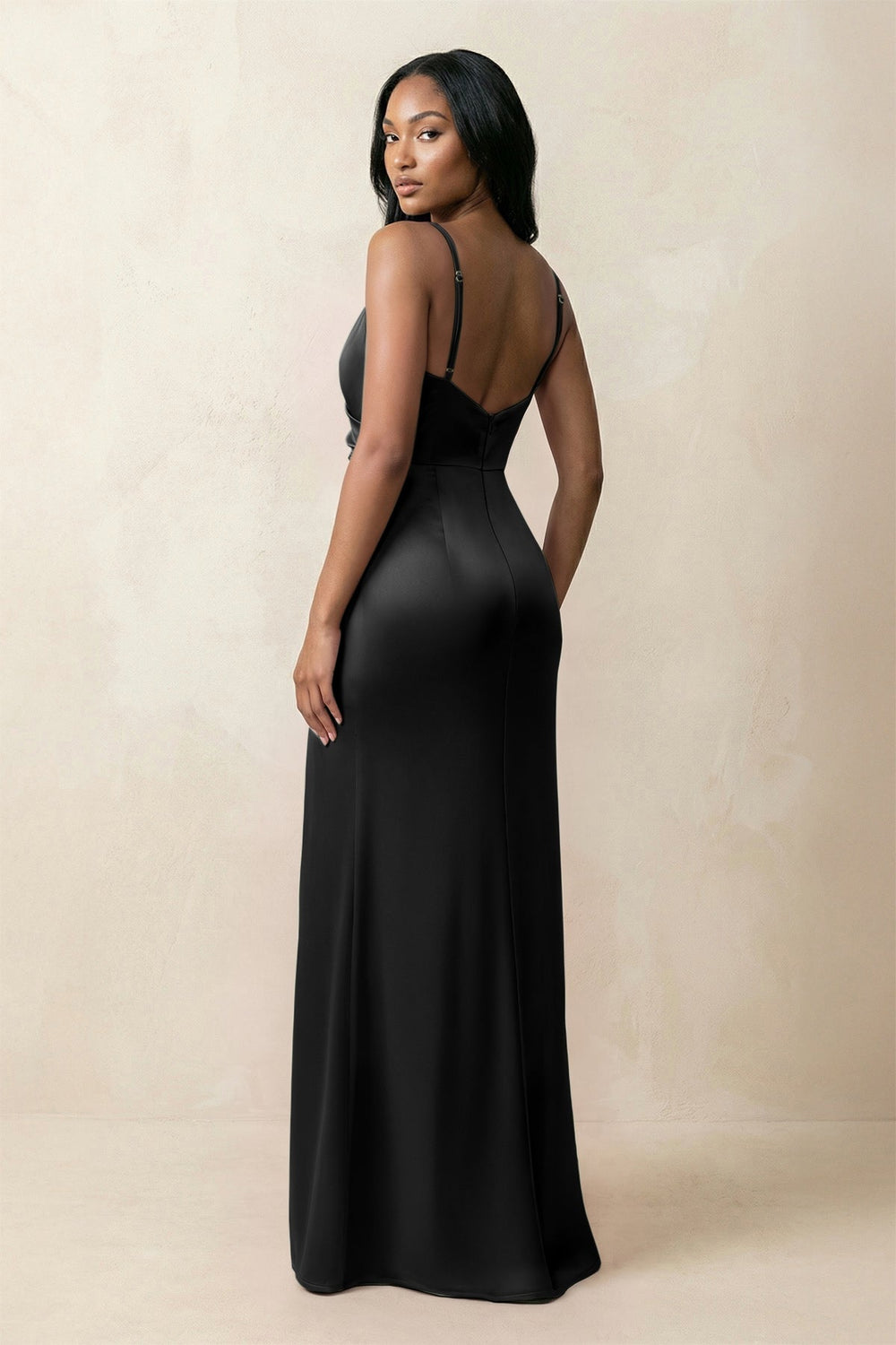 Spaghetti Strap Sheath Satin Ruched Bridesmaid Dress in Black - KISS BRIDAL Bridesmaid Dresses