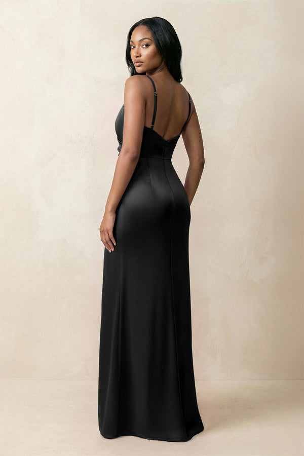 Spaghetti Strap Sheath Satin Ruched Bridesmaid Dress in Black - KISS BRIDAL Bridesmaid Dresses