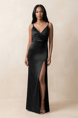 Spaghetti Strap Sheath Satin Ruched Bridesmaid Dress in Black - KISS BRIDAL Bridesmaid Dresses