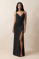 Spaghetti Strap Sheath Satin Ruched Bridesmaid Dress in Black | KISSBRIDAL