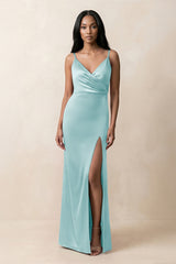 Spaghetti Strap Sheath Satin Ruched Bridesmaid Dress in Bleached Aqua - KISS BRIDAL Bridesmaid Dresses
