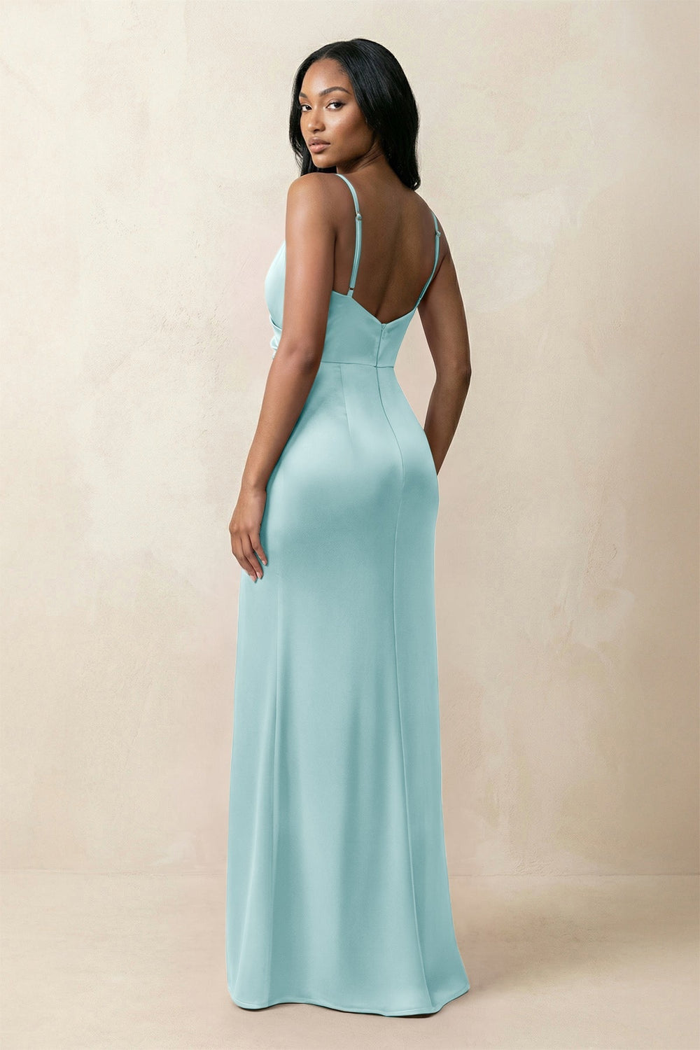 Spaghetti Strap Sheath Satin Ruched Bridesmaid Dress in Bleached Aqua - KISS BRIDAL Bridesmaid Dresses