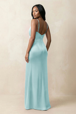 Spaghetti Strap Sheath Satin Ruched Bridesmaid Dress in Bleached Aqua - KISS BRIDAL Bridesmaid Dresses