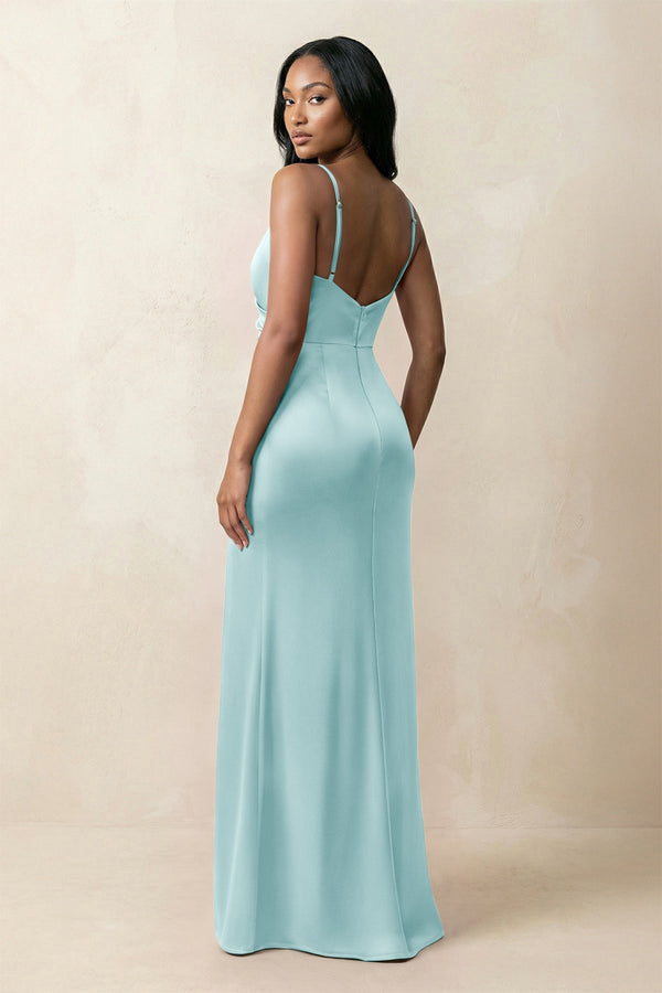 Spaghetti Strap Sheath Satin Ruched Bridesmaid Dress in Bleached Aqua - KISS BRIDAL Bridesmaid Dresses