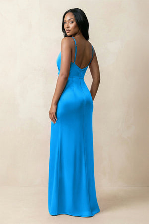 Spaghetti Strap Sheath Satin Ruched Bridesmaid Dress in Blue Jay - KISS BRIDAL Bridesmaid Dresses