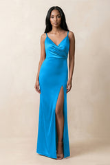 Spaghetti Strap Sheath Satin Ruched Bridesmaid Dress in Blue Jay - KISS BRIDAL Bridesmaid Dresses