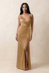 Spaghetti Strap Sheath Satin Ruched Bridesmaid Dress in Bronzer - KISS BRIDAL Bridesmaid Dresses