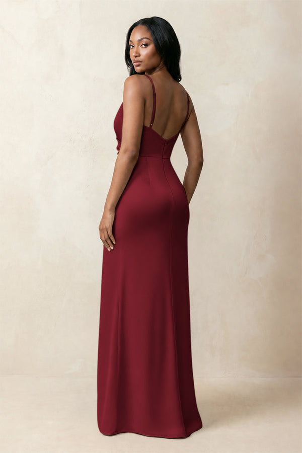 Spaghetti Strap Sheath Satin Ruched Bridesmaid Dress in Burgundy (2) | KISSBRIDAL