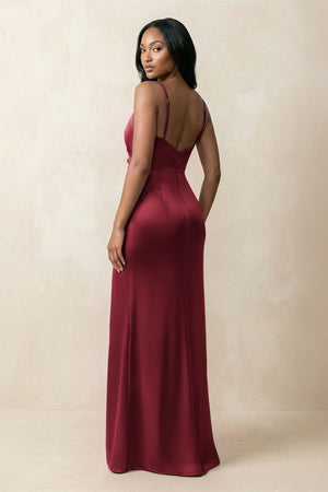 Spaghetti Strap Sheath Satin Ruched Bridesmaid Dress in Burgundy - KISS BRIDAL Bridesmaid Dresses