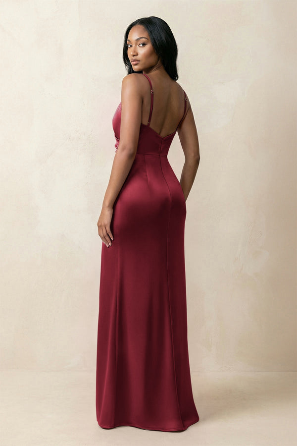 Spaghetti Strap Sheath Satin Ruched Bridesmaid Dress in Burgundy - KISS BRIDAL Bridesmaid Dresses