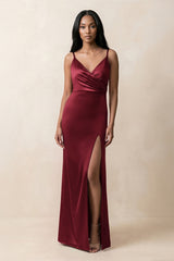Spaghetti Strap Sheath Satin Ruched Bridesmaid Dress in Burgundy - KISS BRIDAL Bridesmaid Dresses