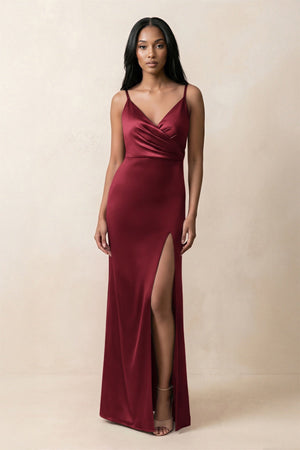 Spaghetti Strap Sheath Satin Ruched Bridesmaid Dress in Burgundy - KISS BRIDAL Bridesmaid Dresses