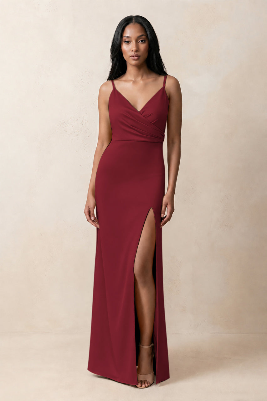 Spaghetti Strap Sheath Satin Ruched Bridesmaid Dress in Burgundy