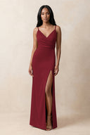 Spaghetti Strap Sheath Satin Ruched Bridesmaid Dress in Burgundy | KISSBRIDAL