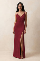 Spaghetti Strap Sheath Satin Ruched Bridesmaid Dress in Burgundy | KISSBRIDAL