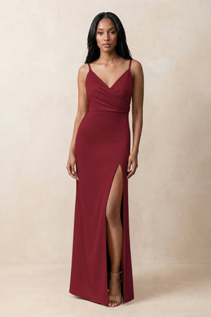 Spaghetti Strap Sheath Satin Ruched Bridesmaid Dress in Burgundy | KISSBRIDAL