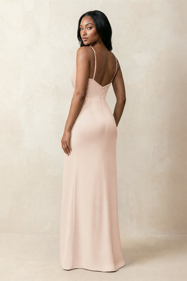 Spaghetti Strap Sheath Satin Ruched Bridesmaid Dress in Buttercream (2) | KISSBRIDAL