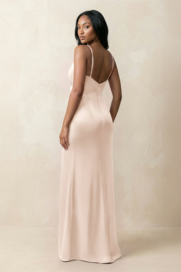 Spaghetti Strap Sheath Satin Ruched Bridesmaid Dress in Buttercream - KISS BRIDAL Bridesmaid Dresses