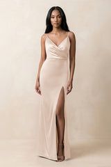 Spaghetti Strap Sheath Satin Ruched Bridesmaid Dress in Buttercream - KISS BRIDAL Bridesmaid Dresses