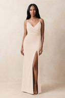 Spaghetti Strap Sheath Satin Ruched Bridesmaid Dress in Buttercream | KISSBRIDAL