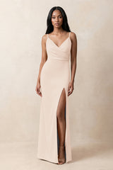 Spaghetti Strap Sheath Satin Ruched Bridesmaid Dress in Buttercream | KISSBRIDAL