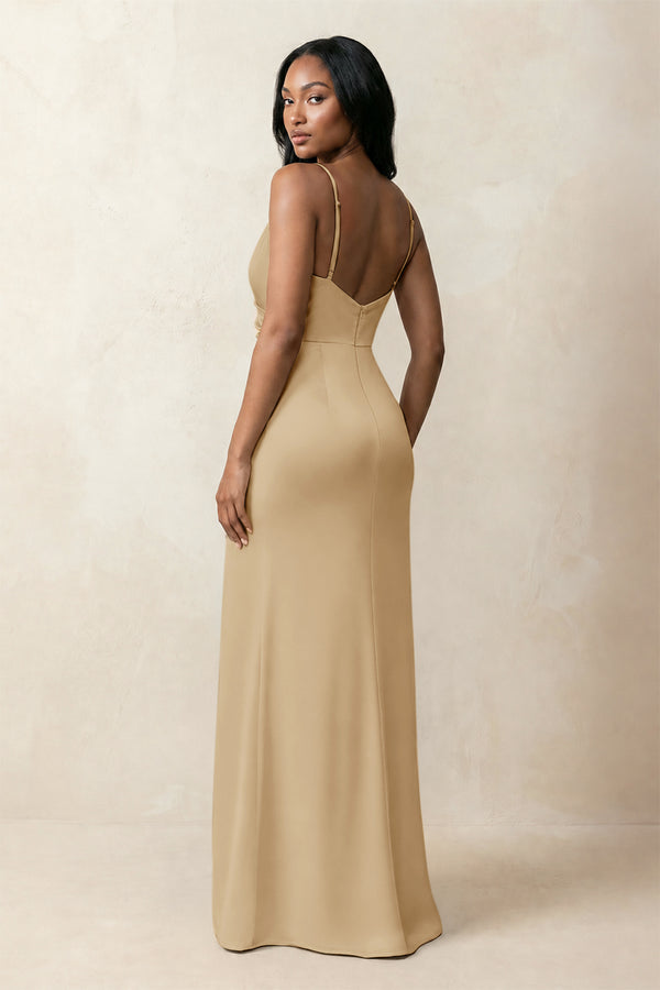 Spaghetti Strap Sheath Satin Ruched Bridesmaid Dress in Champagne (2) | KISSBRIDAL