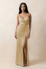 Spaghetti Strap Sheath Satin Ruched Bridesmaid Dress in Champagne - KISS BRIDAL Bridesmaid Dresses