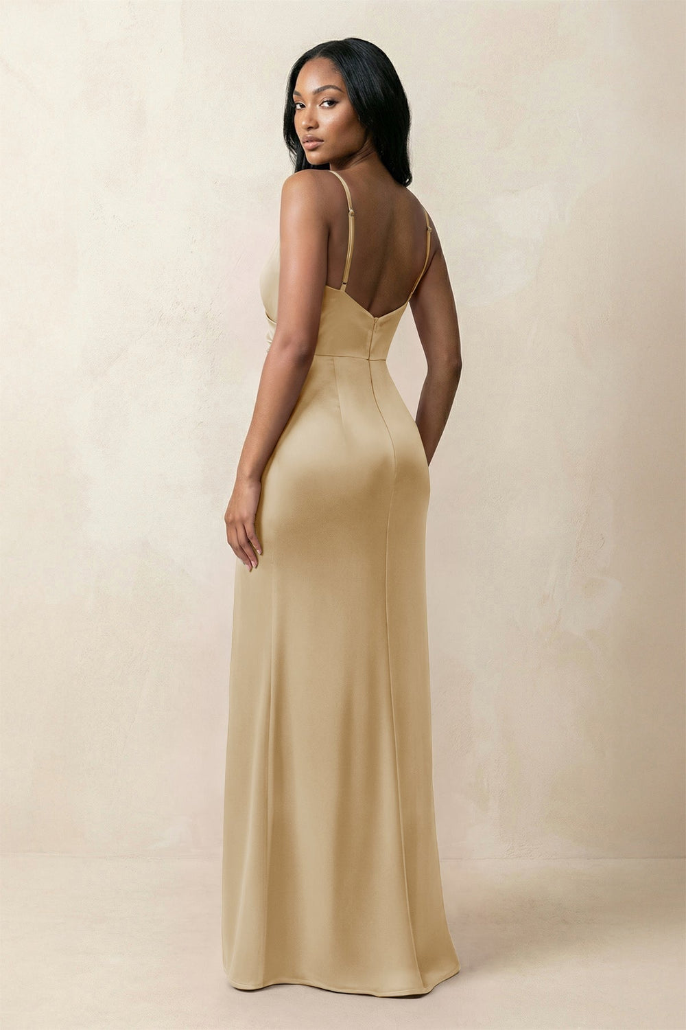 Spaghetti Strap Sheath Satin Ruched Bridesmaid Dress in Champagne - KISS BRIDAL Bridesmaid Dresses