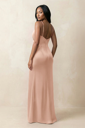 Spaghetti Strap Sheath Satin Ruched Bridesmaid Dress in Champagne Rose - KISS BRIDAL Bridesmaid Dresses
