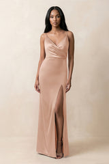 Spaghetti Strap Sheath Satin Ruched Bridesmaid Dress in Champagne Rose - KISS BRIDAL Bridesmaid Dresses