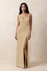 Spaghetti Strap Sheath Satin Ruched Bridesmaid Dress in Champagne | KISSBRIDAL