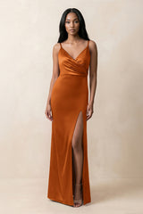 Spaghetti Strap Sheath Satin Ruched Bridesmaid Dress in Cinnamon - KISS BRIDAL Bridesmaid Dresses