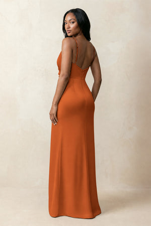 Spaghetti Strap Sheath Satin Ruched Bridesmaid Dress in Cinnamon (2) | KISSBRIDAL