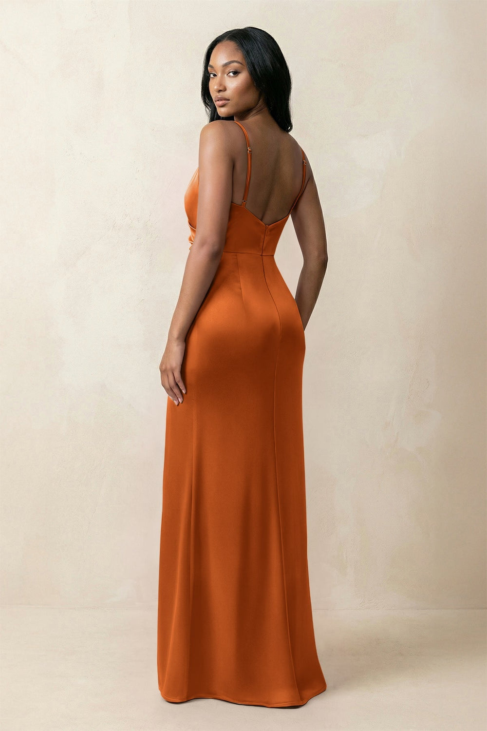 Spaghetti Strap Sheath Satin Ruched Bridesmaid Dress in Cinnamon - KISS BRIDAL Bridesmaid Dresses