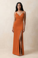 Spaghetti Strap Sheath Satin Ruched Bridesmaid Dress in Cinnamon | KISSBRIDAL